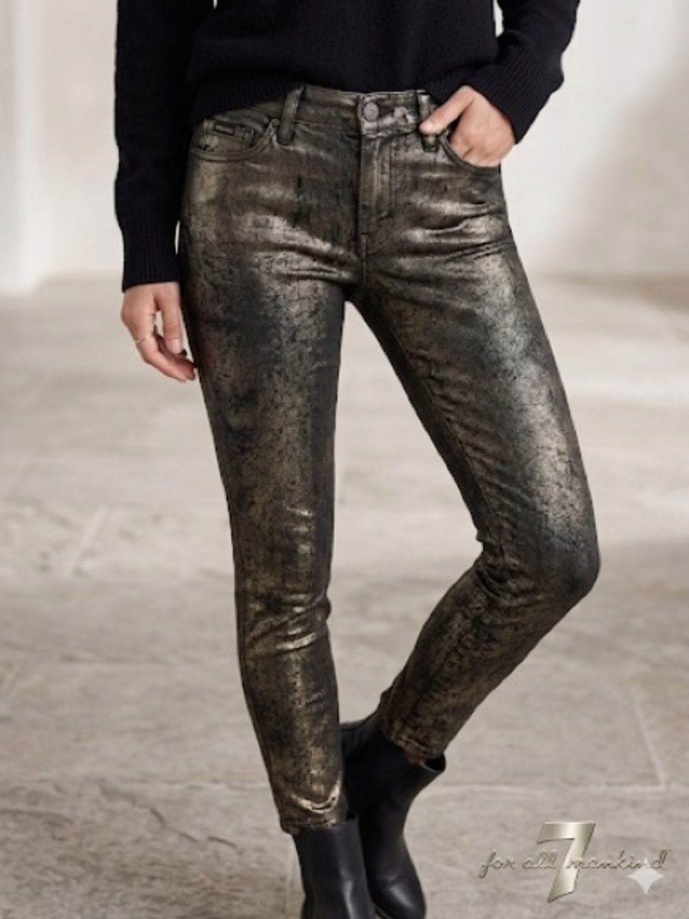 7 For All Mankind Gwenevere Metallic Black Gold Glitter Skinny Jeans size 23